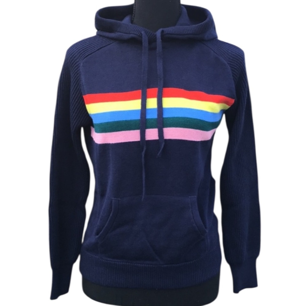 Style & Co Rainbow Stripe Knit Kangaroo Pocket Hoodie Sweater, Small, Fit=Medium